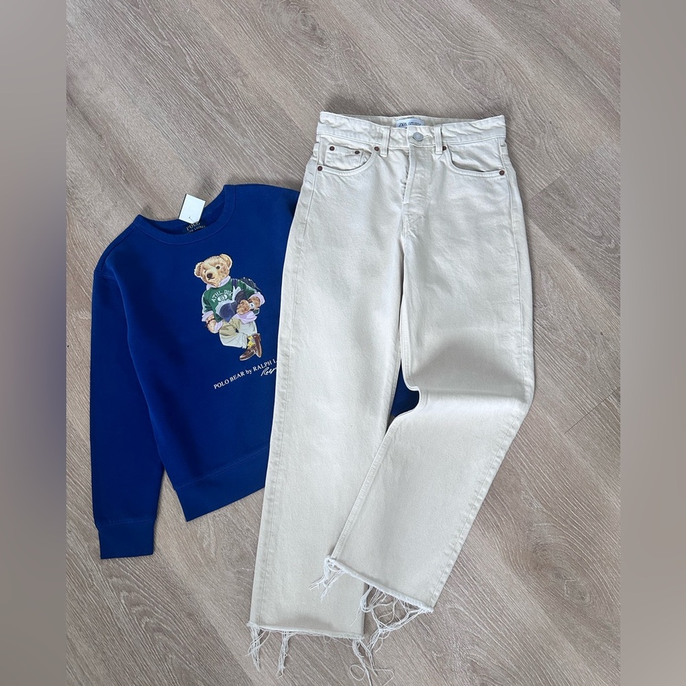 Zara Straight Leg Jeans Thick Denim Light Beige Color Size XS
